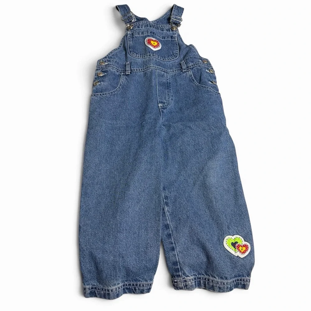 Vintage Gymboree‎ Overalls Girls Hearts Size Medium Stitched Patches Dark wash